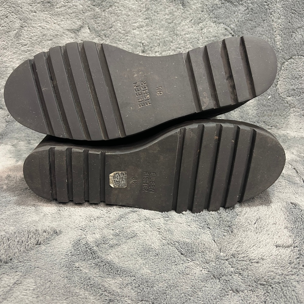 Eileen Fisher Black Leather Wedge Ankle Boots Stretch Knit Lug Sole 8.5 - Picture 11 of 12
